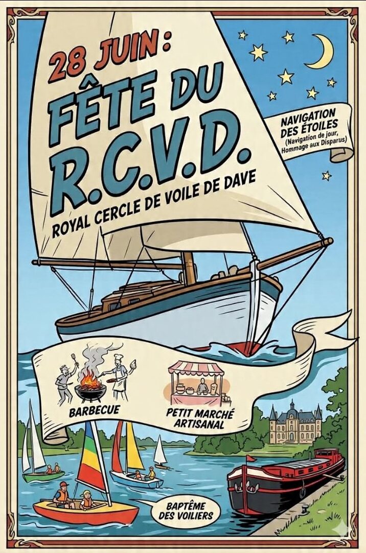 Affiche de la Fête du R.C.V.D. le 28 juin : barbecue, petit marché artisanal, baptême des voiliers et navigation des étoiles.